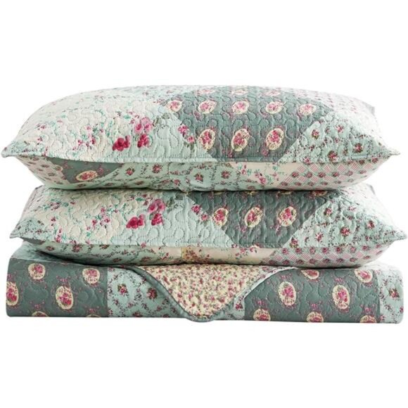 Quilt Set, 3-Piece Quilt Sets with 2 Pillow Shams - Boho Reversible Soft - Picture 6 of 7